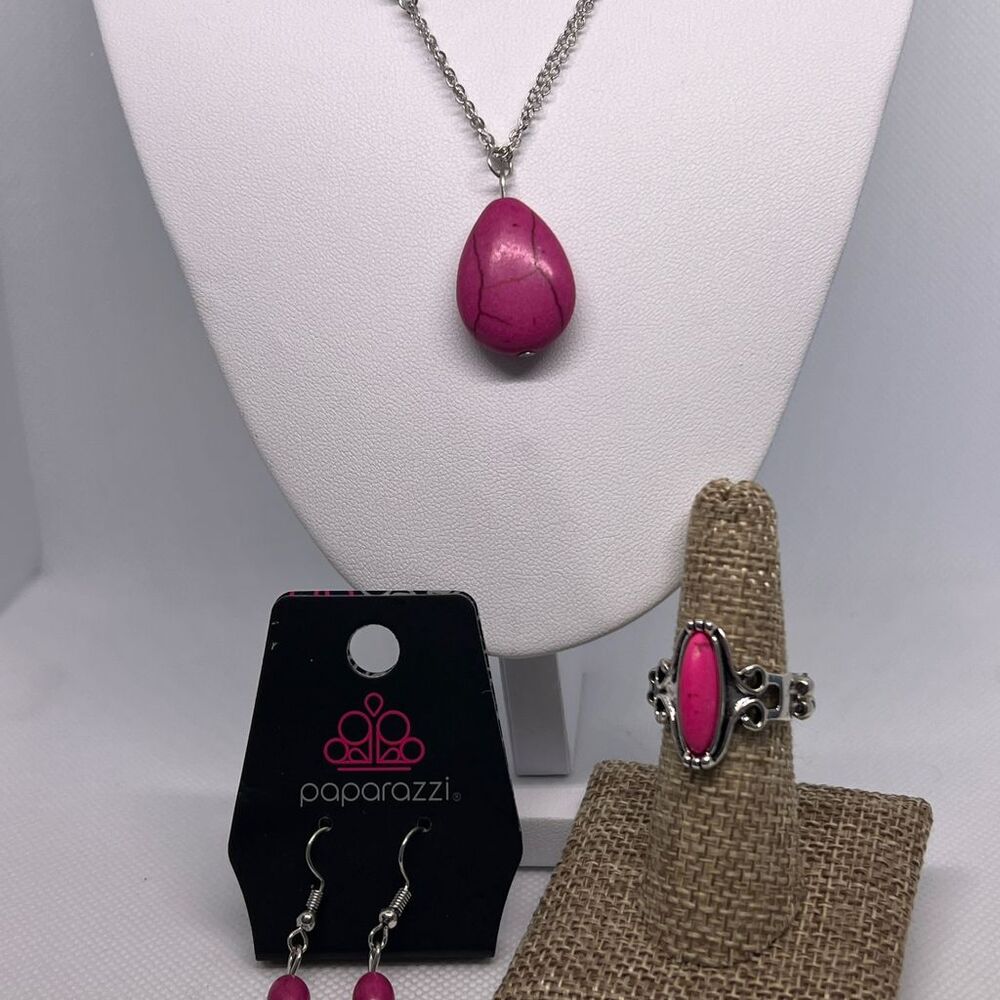Paparazzi Pink Bubblegum Drop Necklace & Earrings Set Silver-tone Geometric